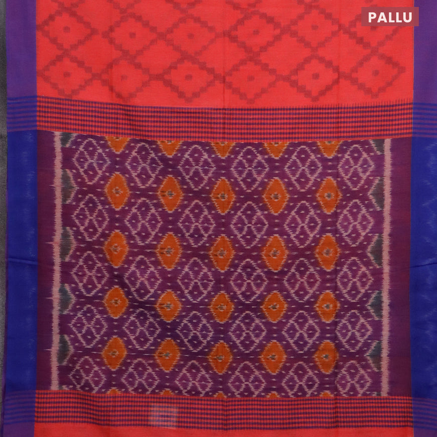 Bengal soft cotton saree peach pink and blue with allover ikat weaves and simple border