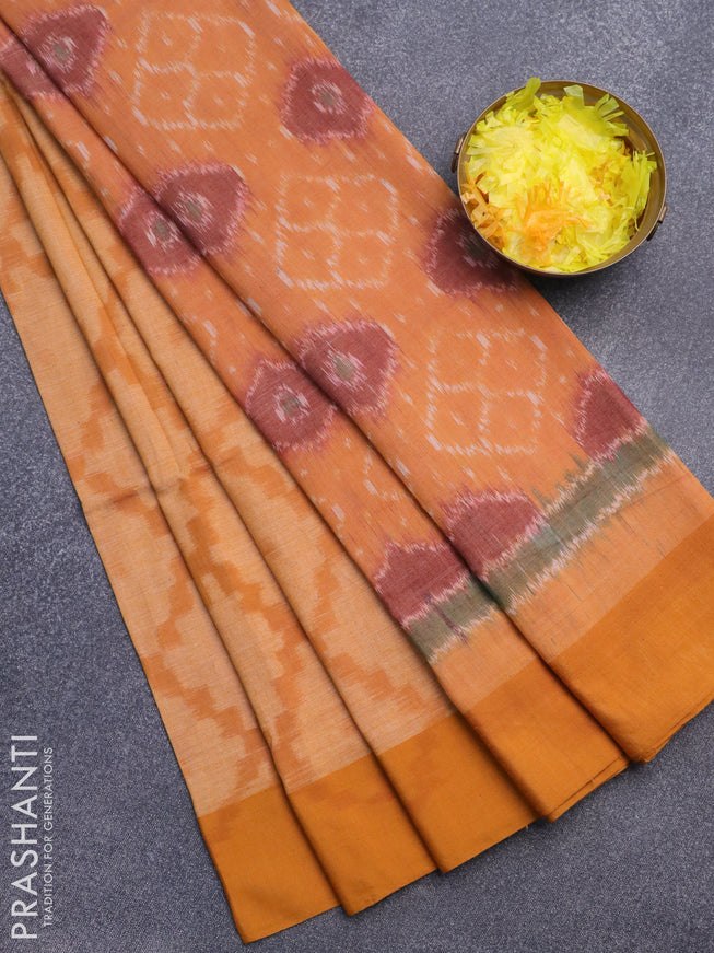 Bengal soft cotton saree mustard shade with allover ikat weaves and simple border
