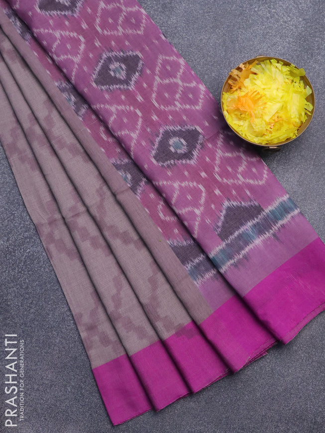 Bengal soft cotton saree grey shade and purple with allover ikat weaves and simple border