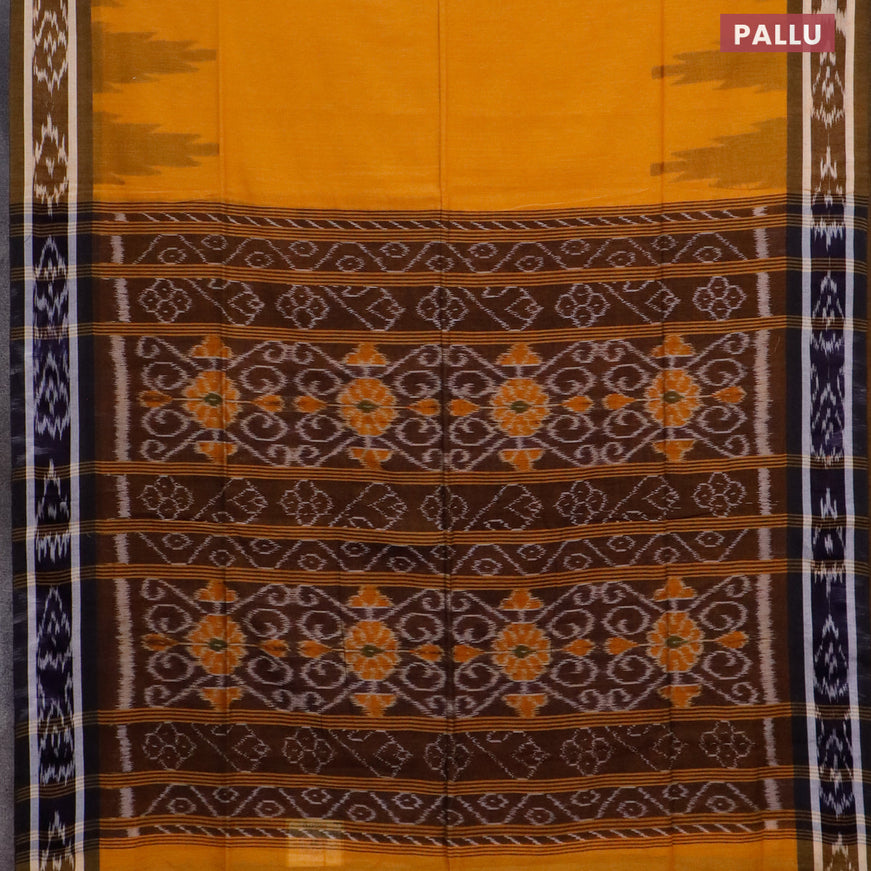 Bengal soft cotton saree dark mustard and navy blue with plain body and temple woven ikat border