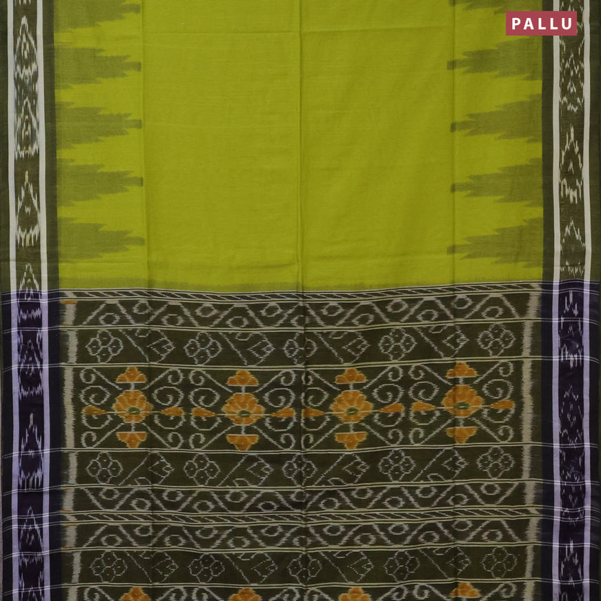 Bengal soft cotton saree light green and navy blue with plain body and temple woven ikat border