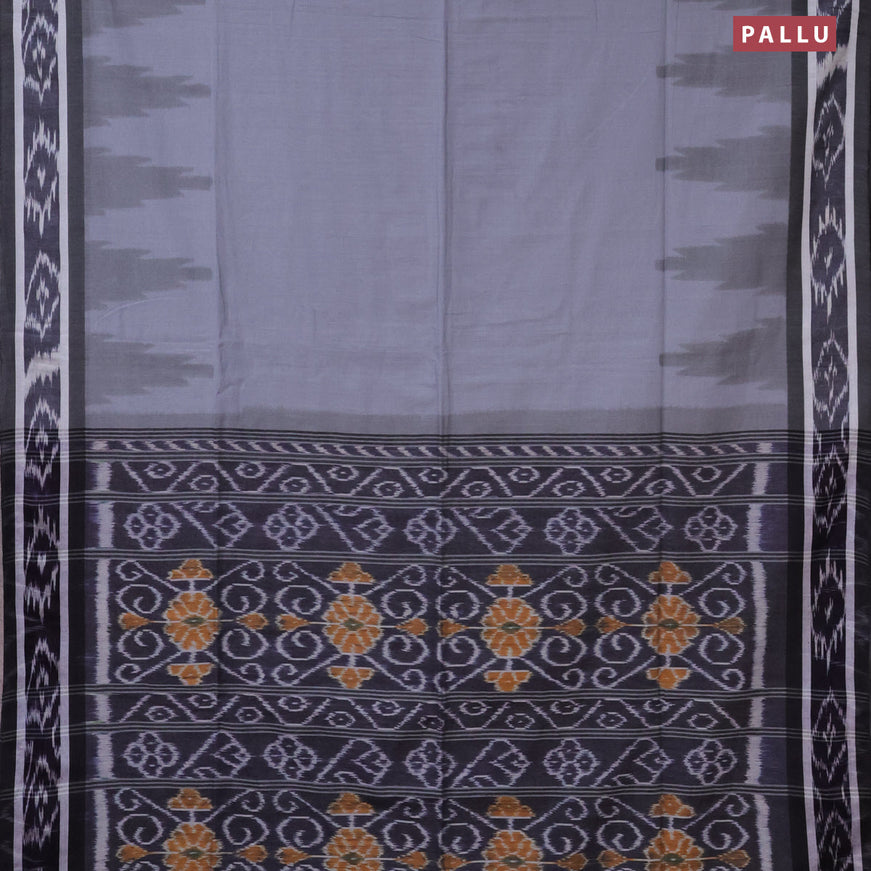 Bengal soft cotton saree grey and navy blue with plain body and temple woven ikat border