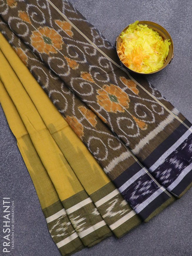 Bengal soft cotton saree mustard yellow and dark blue with plain body and temple woven ikat border