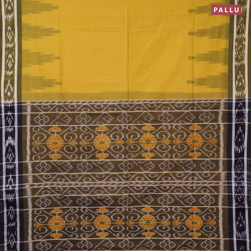 Bengal soft cotton saree mustard yellow and dark blue with plain body and temple woven ikat border