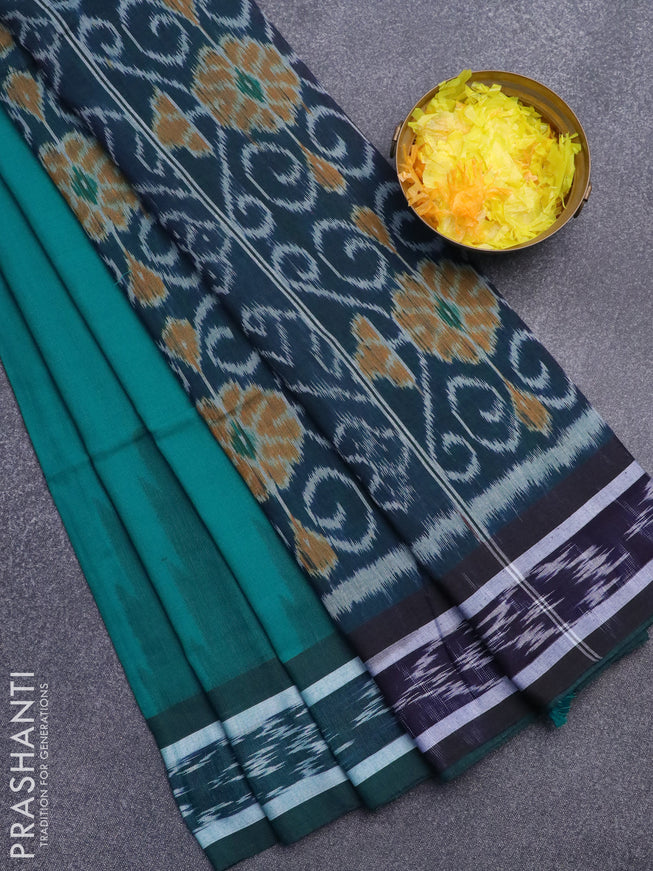 Bengal soft cotton saree teal green and dark peacock blue with plain body and temple woven ikat border