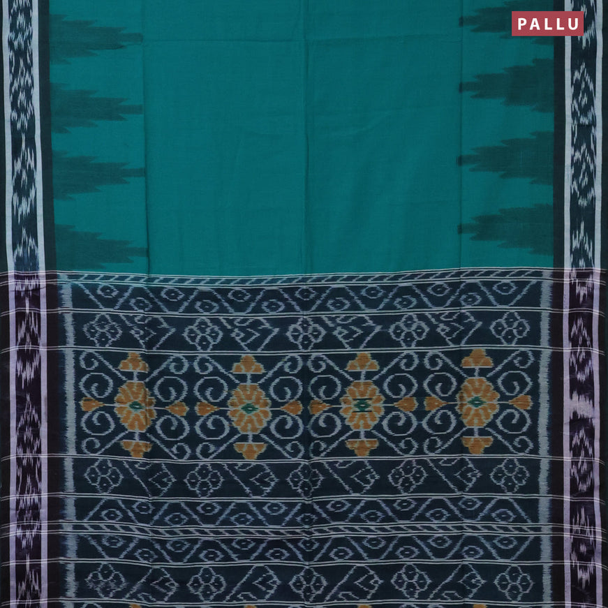 Bengal soft cotton saree teal green and dark peacock blue with plain body and temple woven ikat border