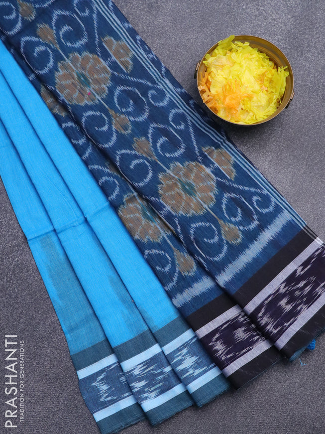 Bengal soft cotton saree blue and peacock blue with plain body and temple woven ikat border