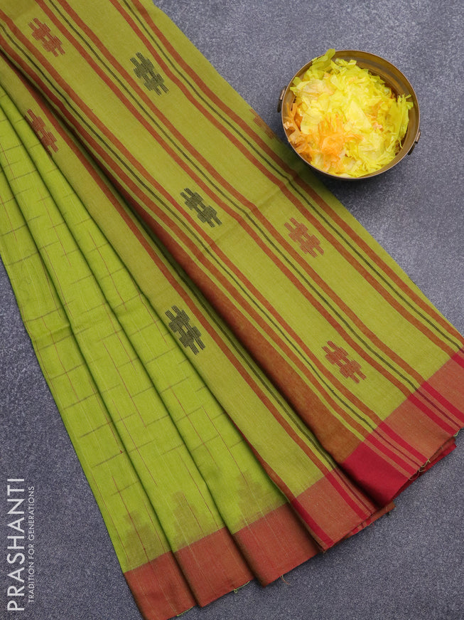 Bengal soft cotton saree lime green and maroon with allover ikat weaves and simple border