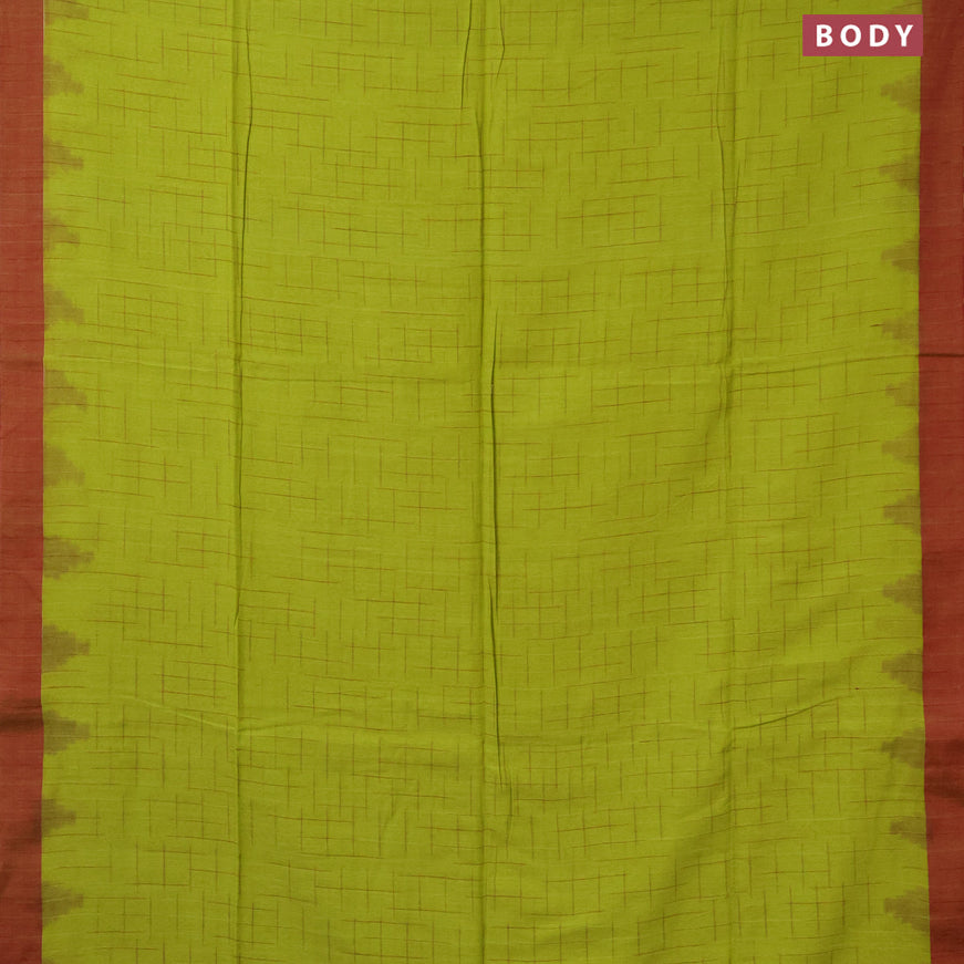Bengal soft cotton saree lime green and maroon with allover ikat weaves and simple border