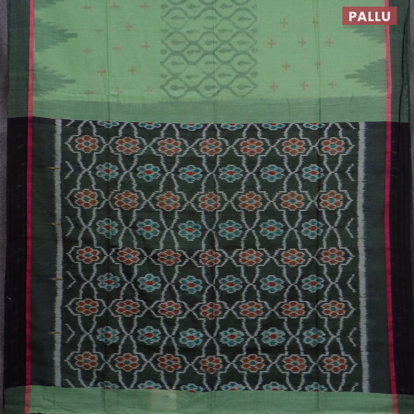 Bengal soft cotton saree green shade and black with allover ikat weaves and simple border