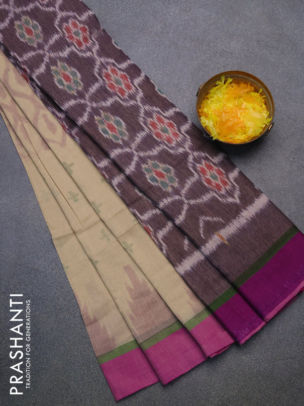 Bengal soft cotton saree sandal and purple with allover ikat weaves and simple border