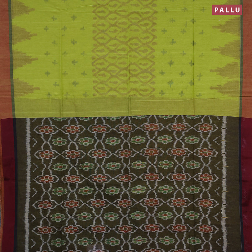 Bengal soft cotton saree light green and maroon with allover ikat weaves and simple border