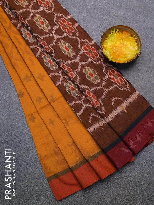 Bengal soft cotton saree mustard yellow and maroon with allover ikat weaves and simple border