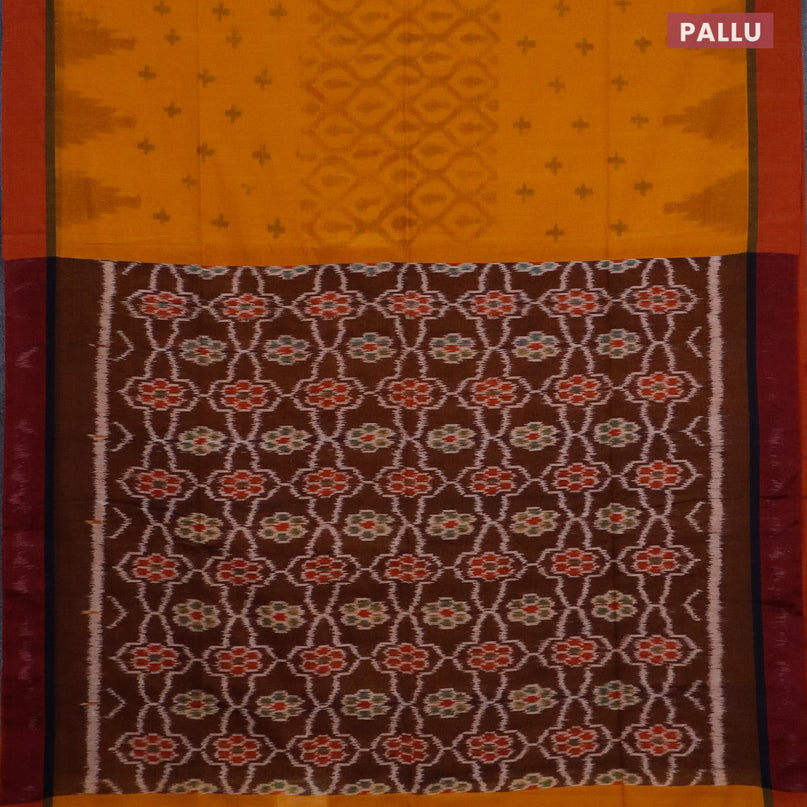 Bengal soft cotton saree mustard yellow and maroon with allover ikat weaves and simple border