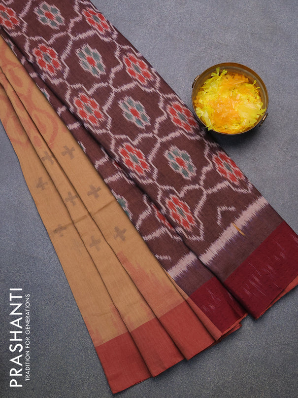 Bengal soft cotton saree dark sandal and maroon with allover ikat weaves and simple border