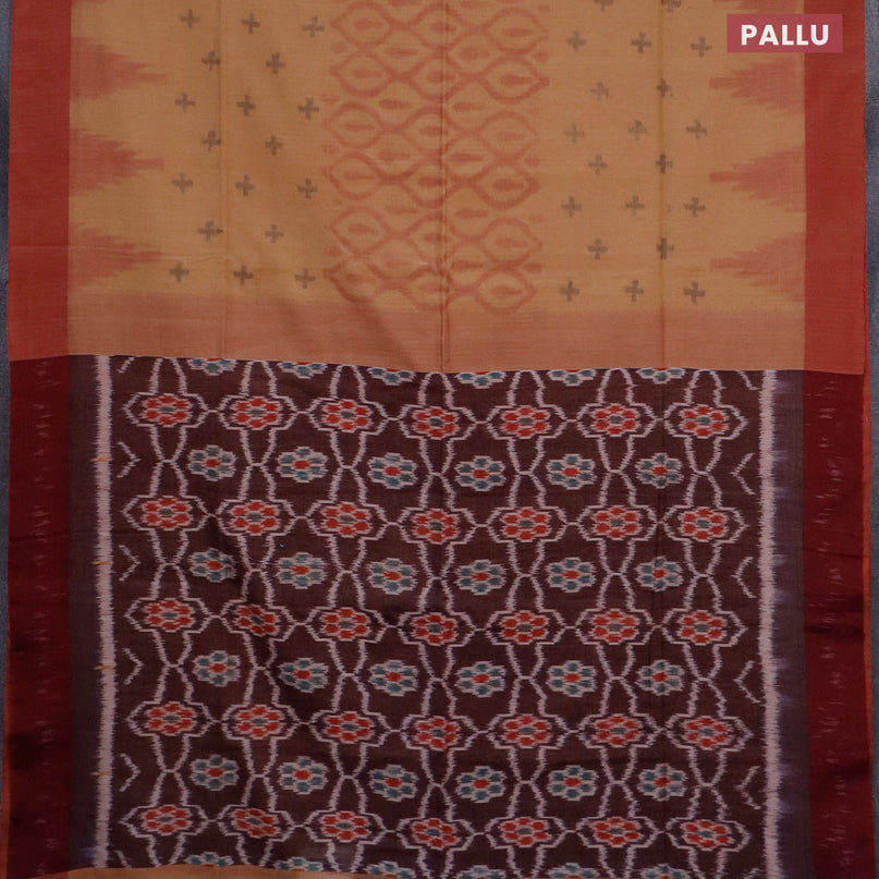 Bengal soft cotton saree dark sandal and maroon with allover ikat weaves and simple border