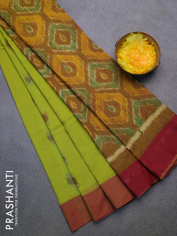 Bengal soft cotton saree light green and maroon with allover ikat butta weaves and simple border
