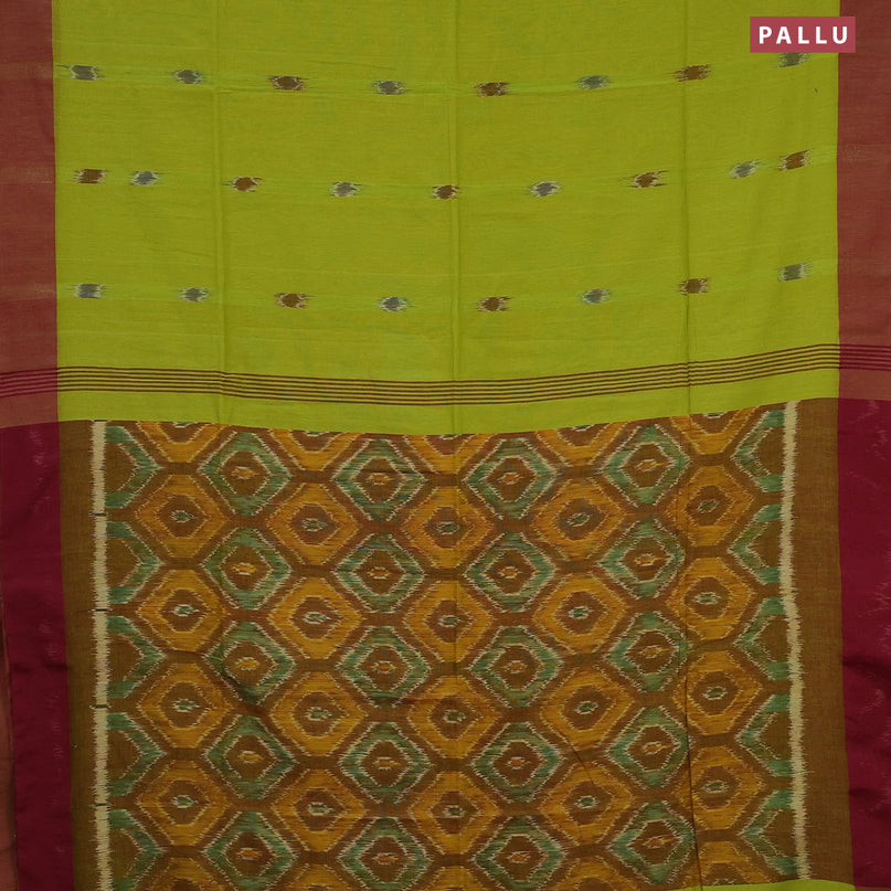 Bengal soft cotton saree light green and maroon with allover ikat butta weaves and simple border