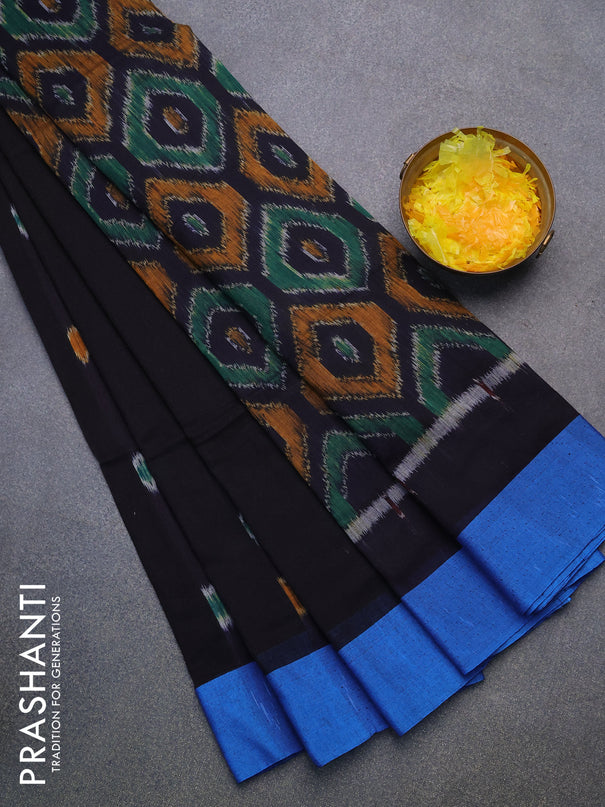 Bengal soft cotton saree black and cs blue with allover ikat butta weaves and simple border