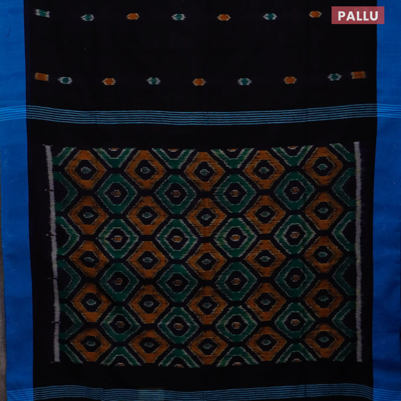 Bengal soft cotton saree black and cs blue with allover ikat butta weaves and simple border