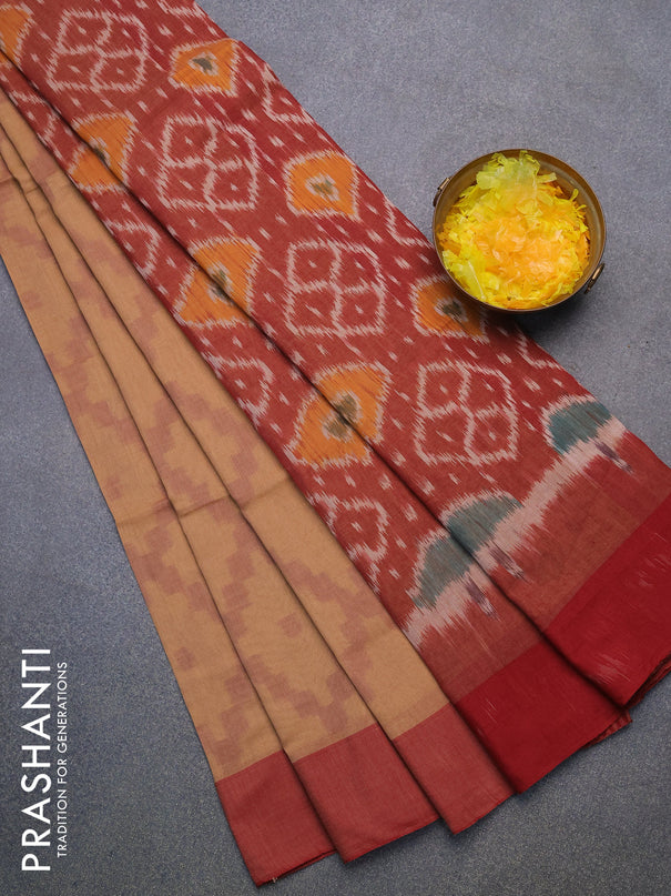 Bengal soft cotton saree sandal and maroon with allover ikat weaves and simple border