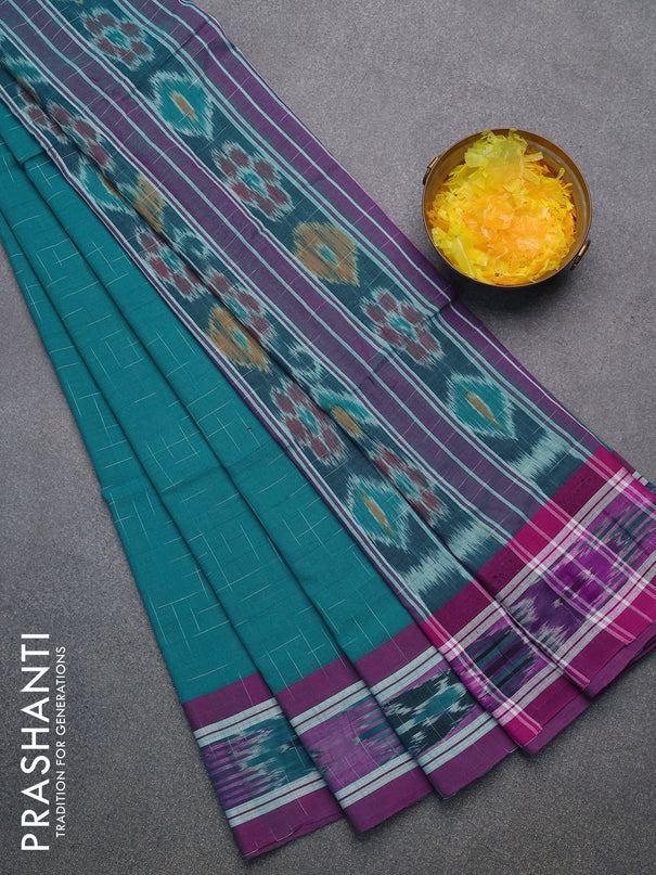 Bengal soft cotton saree teal green and purple with allover ikat weaves and ikat woven border