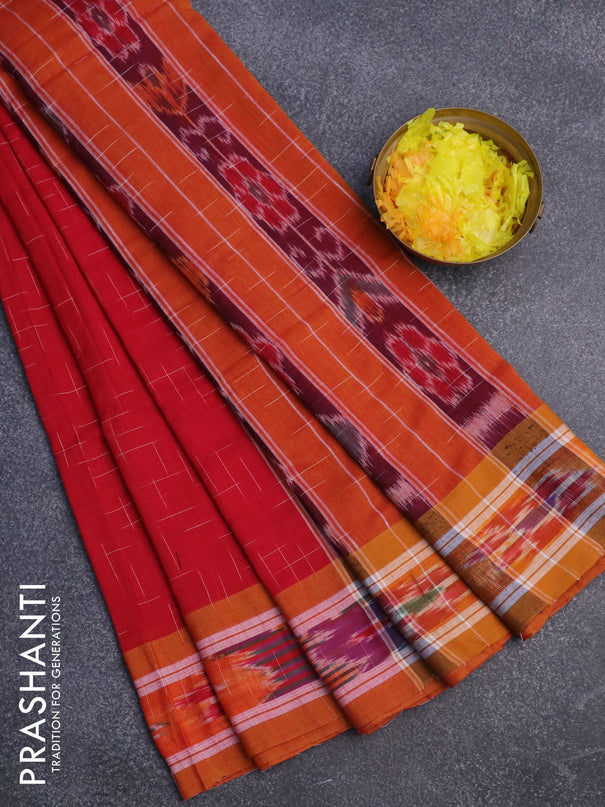 Bengal soft cotton saree red and mustard shade with allover ikat weaves and ikat woven border