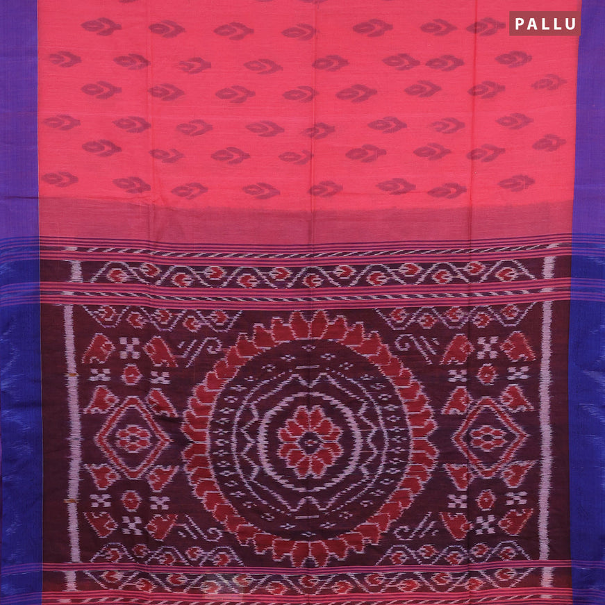 Bengal soft cotton saree peach pink and blue with allover ikat butta weaves and simple border