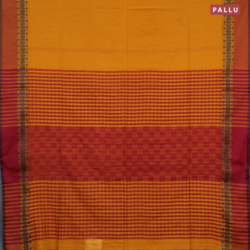 Bengal soft cotton saree mustard yellow and maroon with plain body and thread woven border