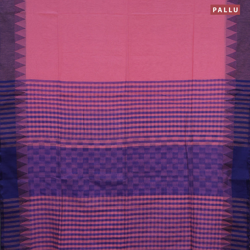 Bengal soft cotton saree peach shade and blue with plain body and thread woven border