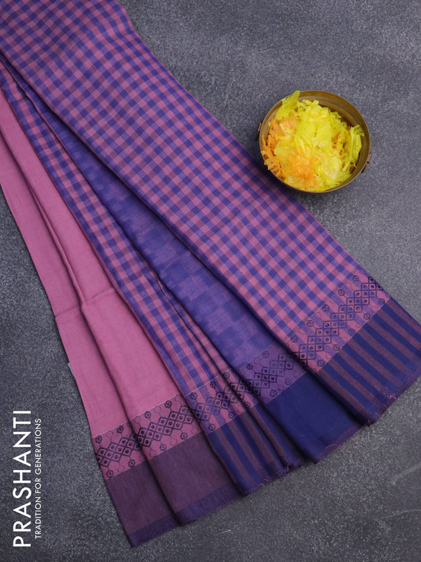 Bengal soft cotton saree mauve pink and blue with plain body and thread woven border