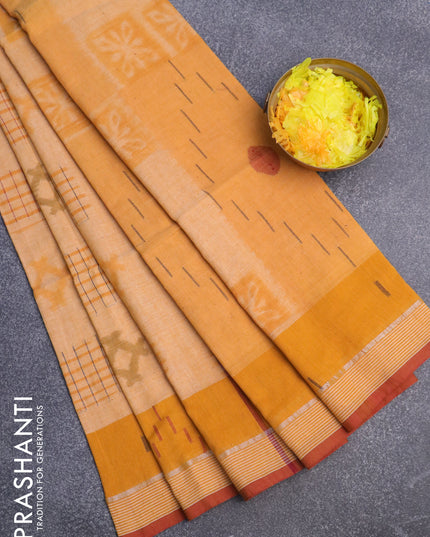 Bengal soft cotton saree mustard yellow and maroon with ikat butta weaves and ikat woven border