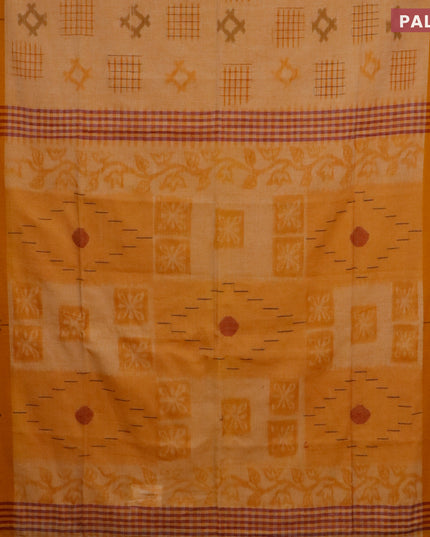 Bengal soft cotton saree mustard yellow and maroon with ikat butta weaves and ikat woven border