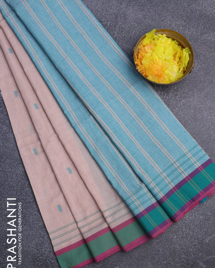 Bengal soft cotton saree beige and teal green with ikat butta weaves and simple border