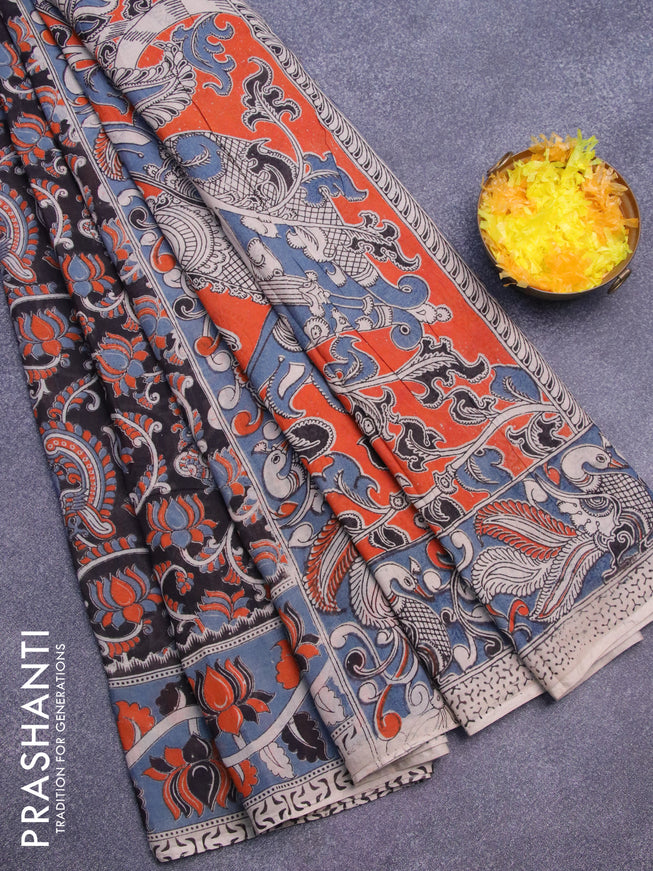 Kalamkari cotton saree black and bluish grey with allover prints and printed border
