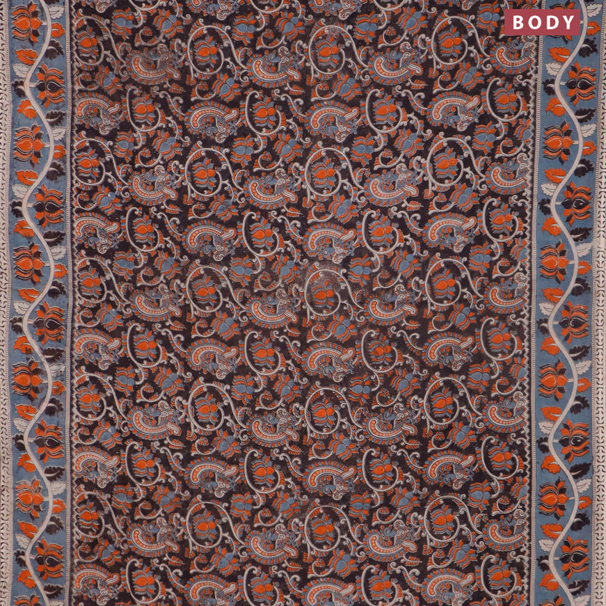 Kalamkari cotton saree black and bluish grey with allover prints and printed border