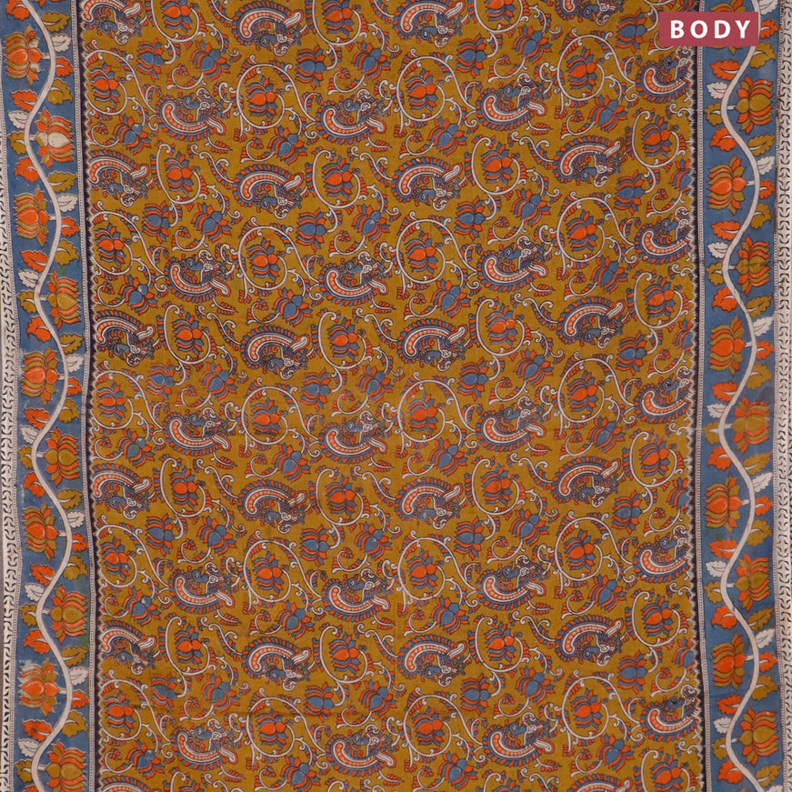 Kalamkari cotton saree mustard shade and bluish grey with allover prints and printed border