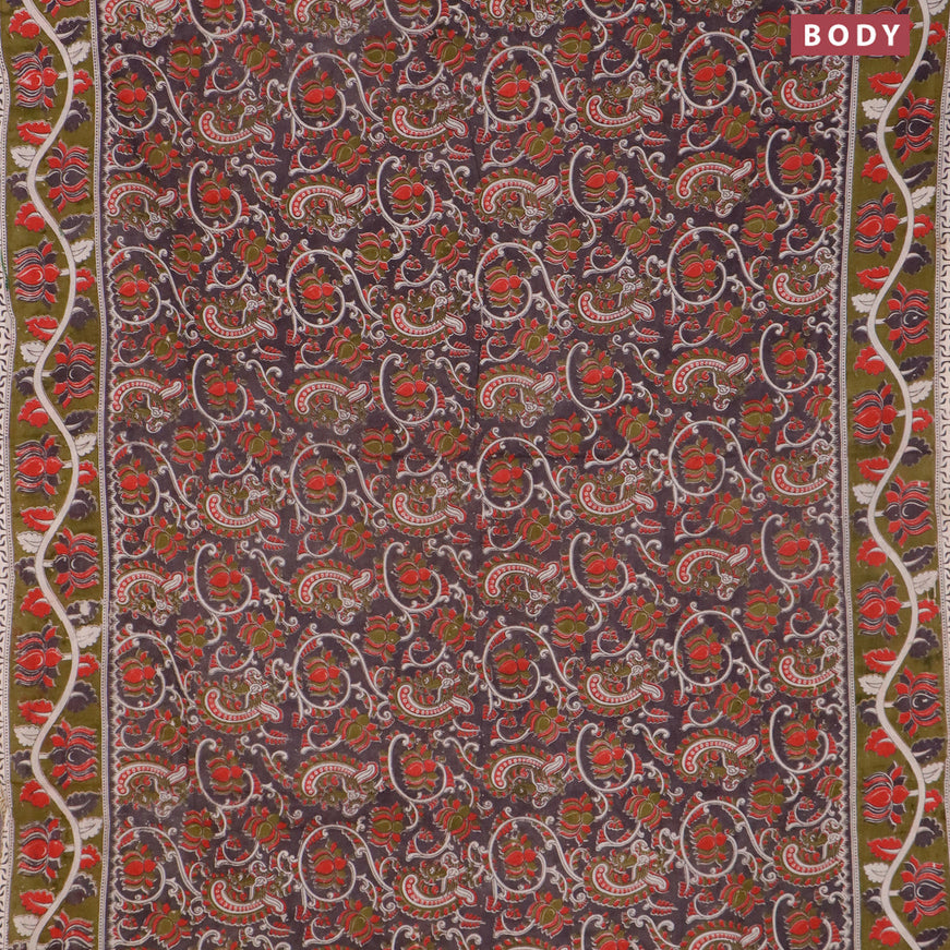 Kalamkari cotton saree dark brown and sap green with allover prints and printed border