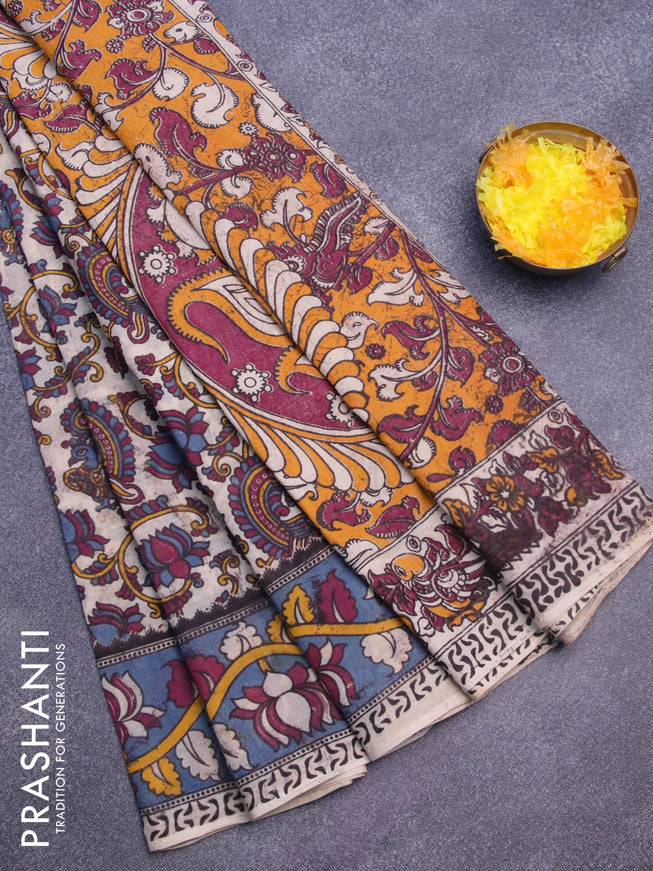 Kalamkari cotton saree beige and bluish grey with allover prints and printed border