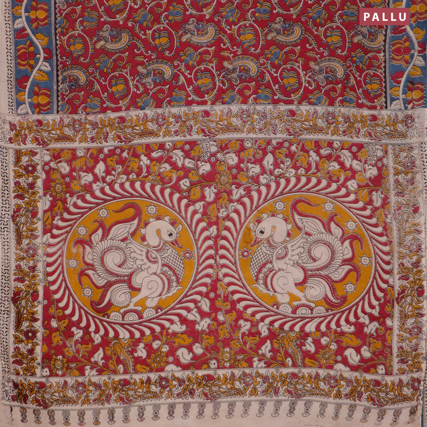 Kalamkari cotton saree magenta pink and bluish grey with allover prints and printed border