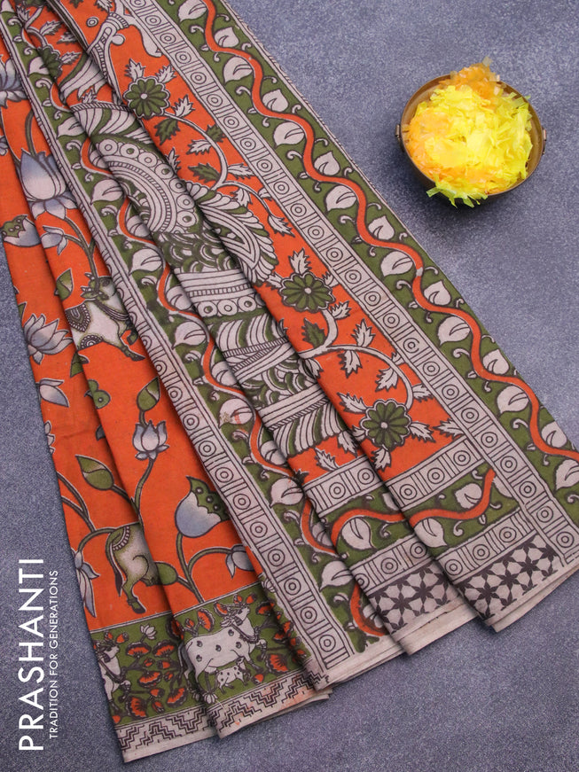 Kalamkari cotton saree orange and sap green with pichwai prints and printed border