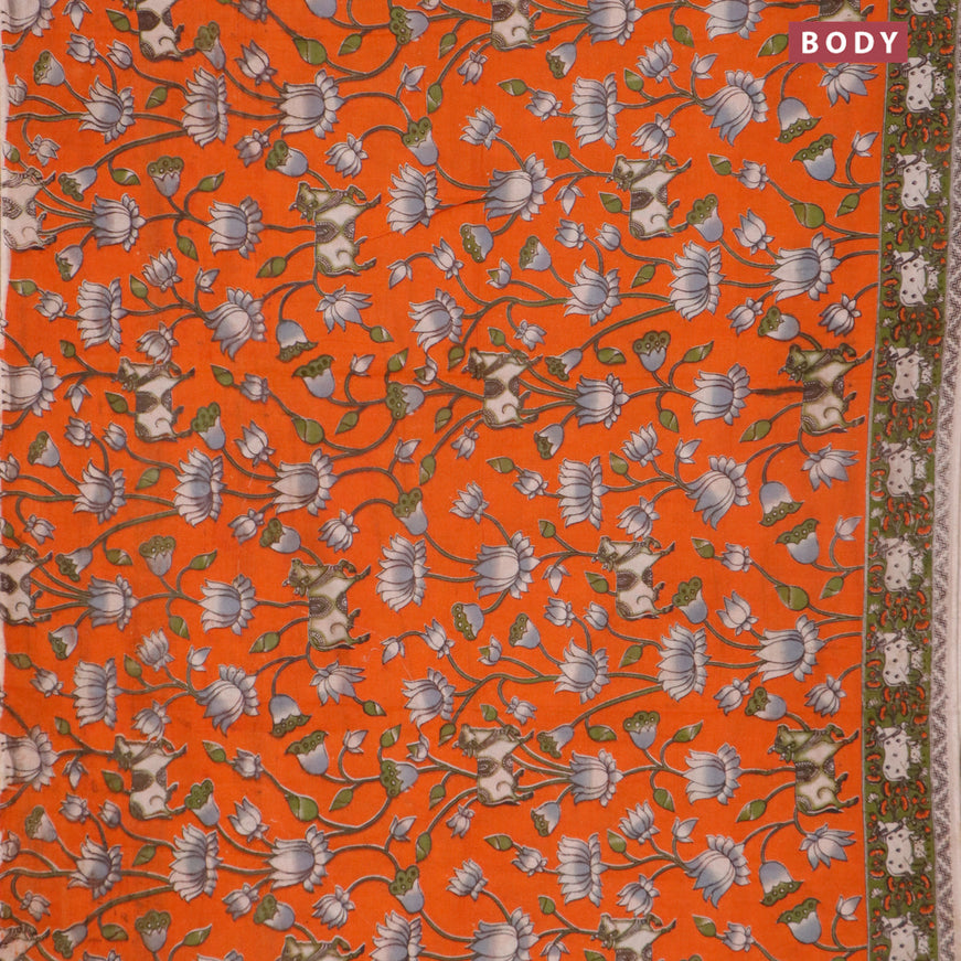 Kalamkari cotton saree orange and sap green with pichwai prints and printed border