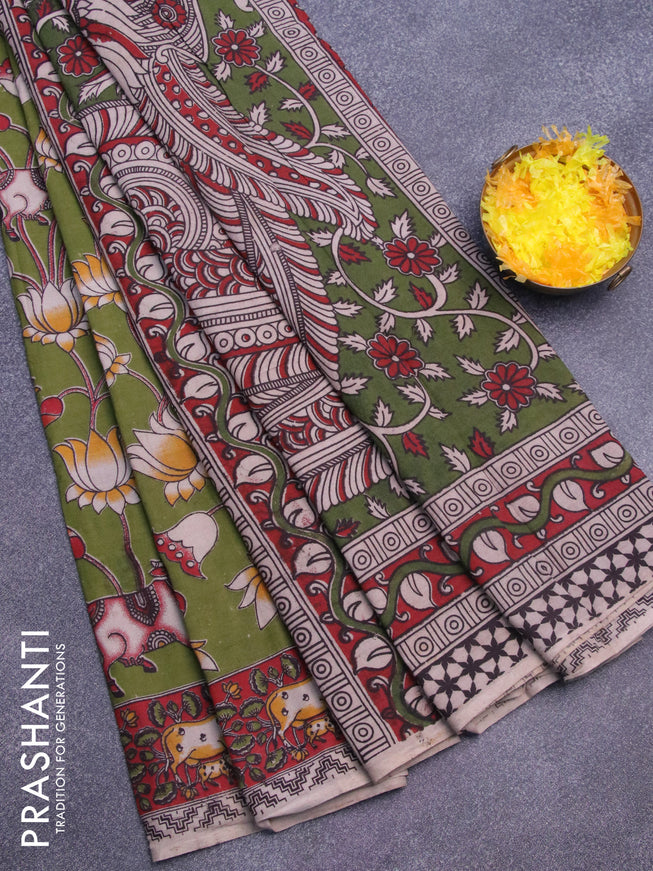 Kalamkari cotton saree mehendi green and maroon with pichwai prints and printed border