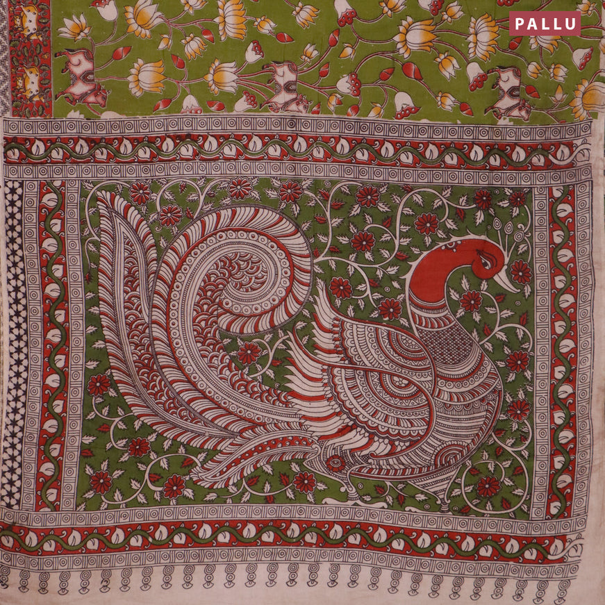 Kalamkari cotton saree mehendi green and maroon with pichwai prints and printed border