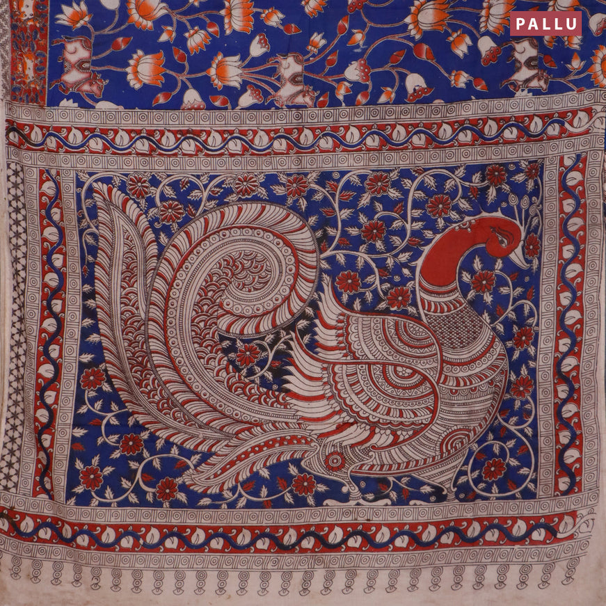 Kalamkari cotton saree blue and maroon with pichwai prints and printed border