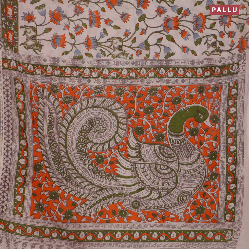 Kalamkari cotton saree beige and sap green with pichwai prints and printed border