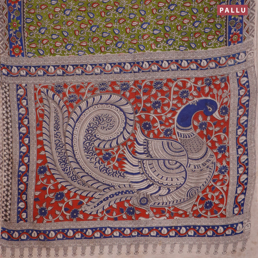 Kalamkari cotton saree sap green and blue with allover prints and printed border