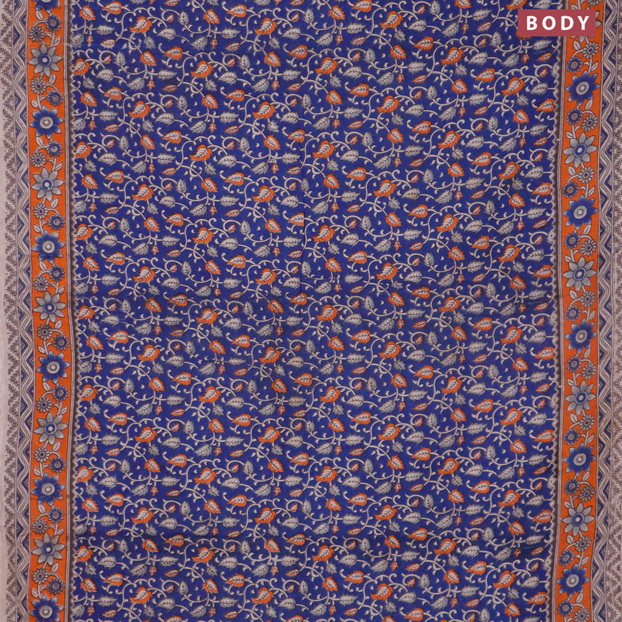 Kalamkari cotton saree blue and orange with allover prints and printed border