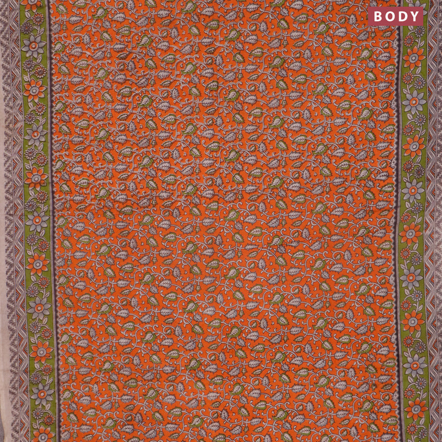 Kalamkari cotton saree orange and green with allover prints and printed border