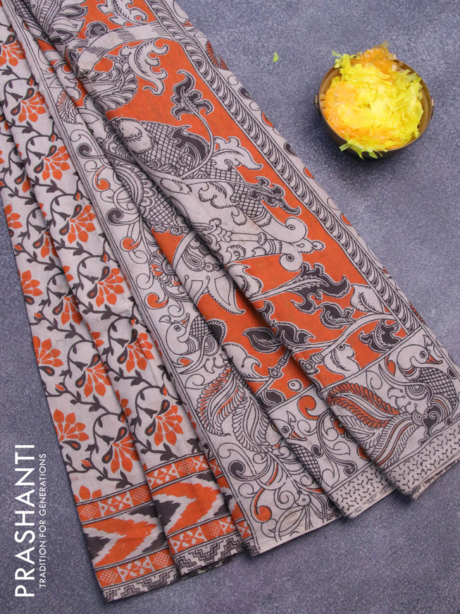 Kalamkari cotton saree beige and orange with floral prints and printed border